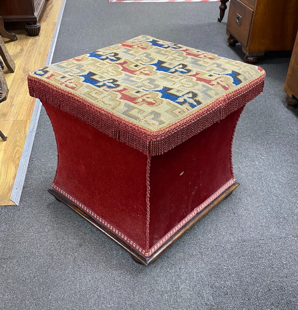 A Victorian tapestry upholstered hinged box seat stool, width 42cm, depth 42cm, height 41cm
